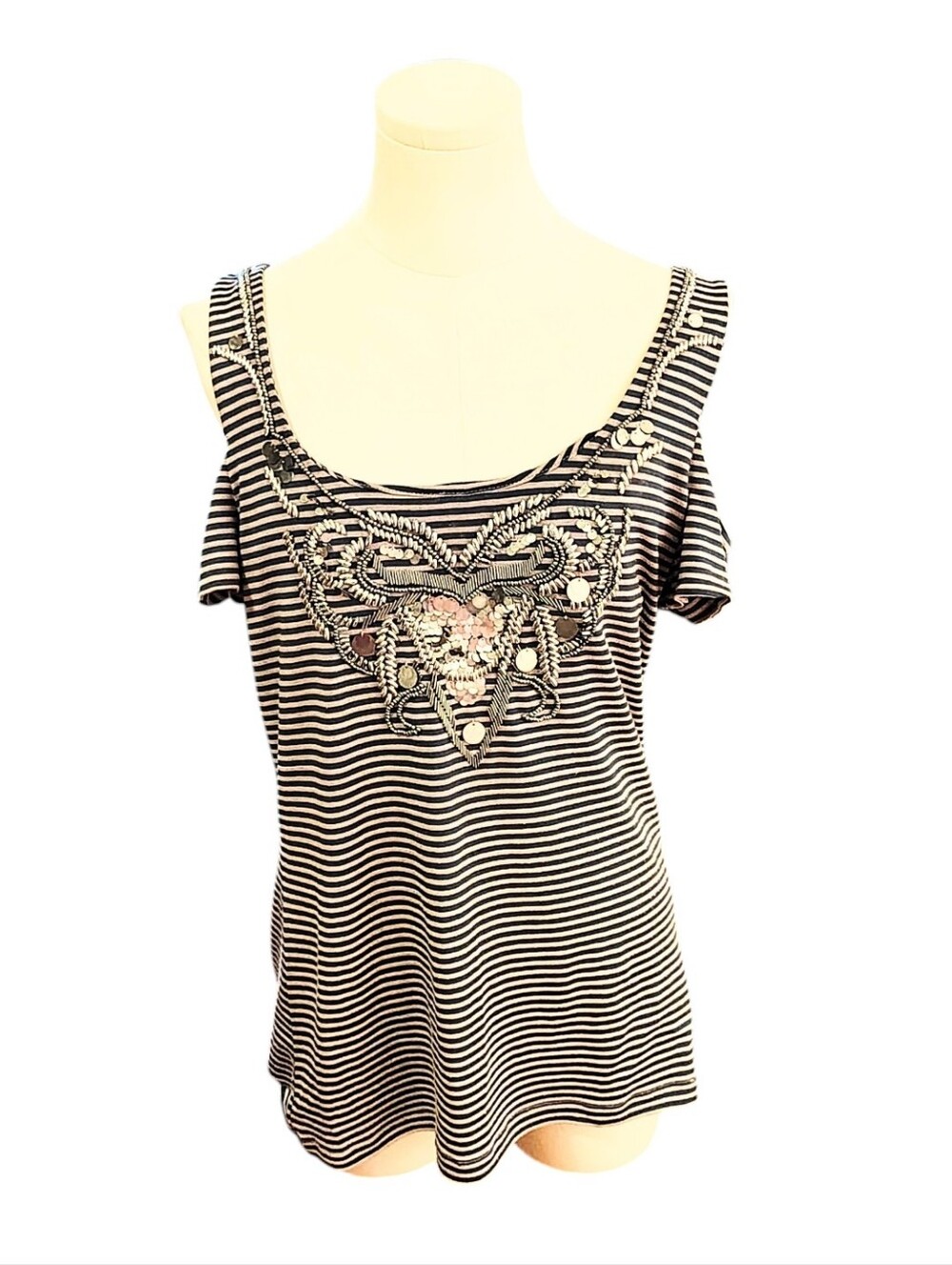 Boston Proper Beaded Sequin Black & White Striped Cold Shoulder Top Size Medium